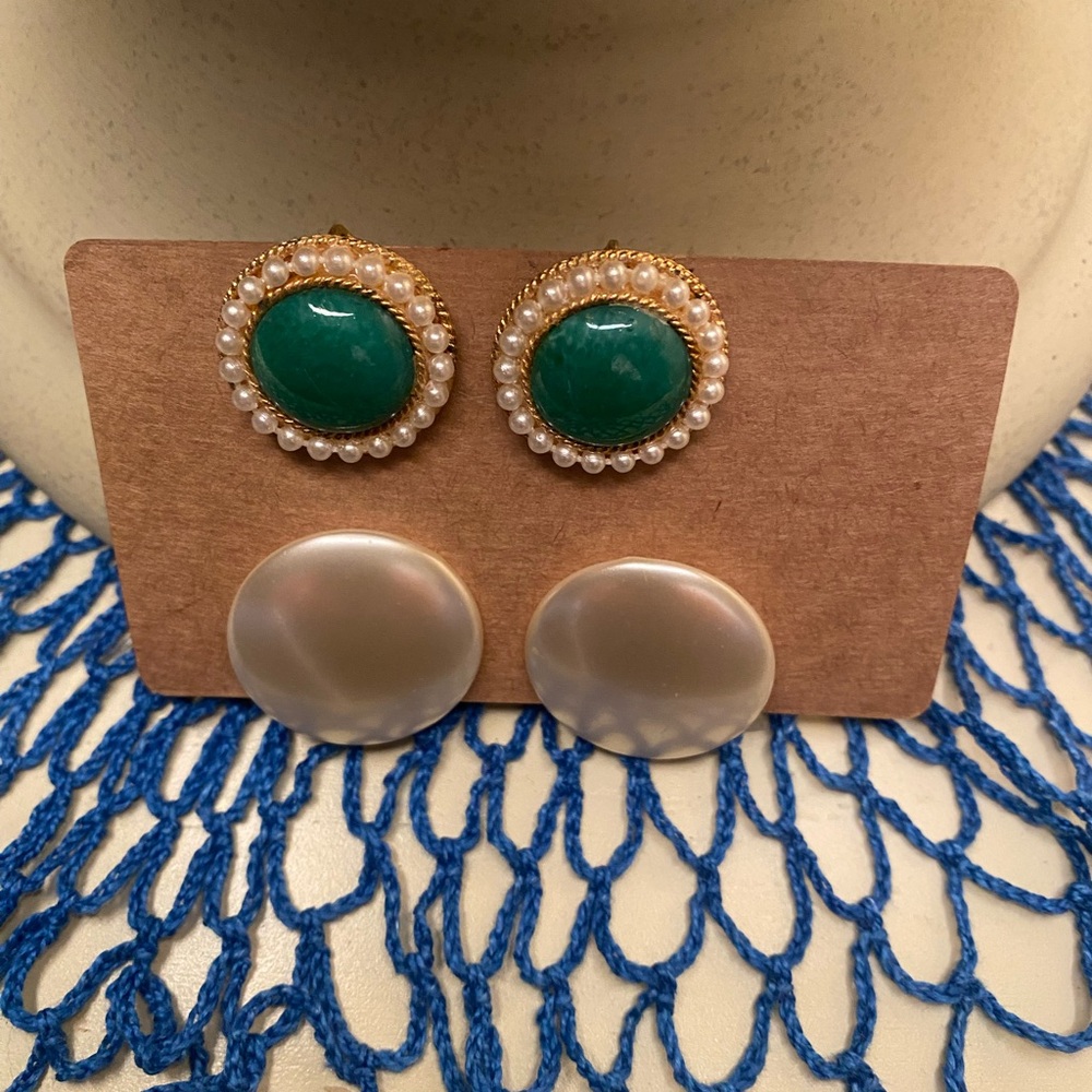 Vintage Pearl-Trim Jade ScrewBack & Faux Pearl Clip Earrings